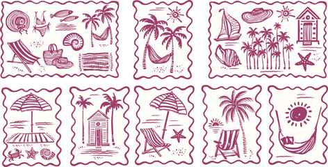 Obraz premium Hand drawn seaside vacation scenes and coastal summer elements