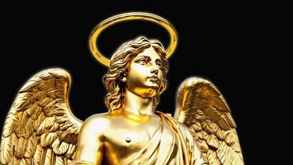 Naklejka premium Golden Angel Statue Portrait - Religious Iconography, Detailed Sculpture, Divine Messenger, Faith, Hope, and Serenity.