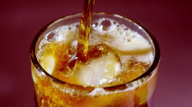 Refreshing golden drink with bubbling froth. Closeup of chilled beverage with gentle foaming ice and warm tones