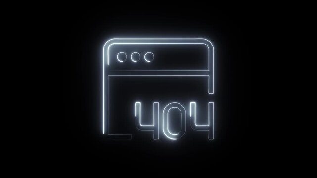A bright neon glowing 404 error sign inside a web browser window icon on a dark black background.