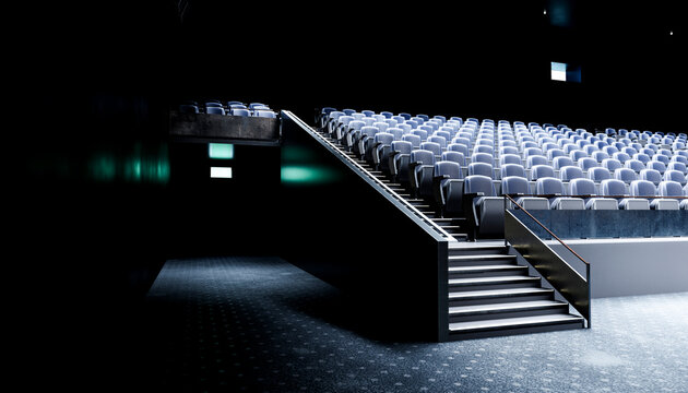 Empty movie theater with rows of seats and carpeted floor