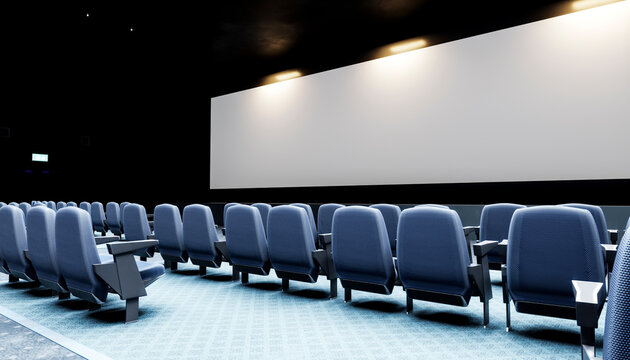 Empty movie theater with vacant blue seats