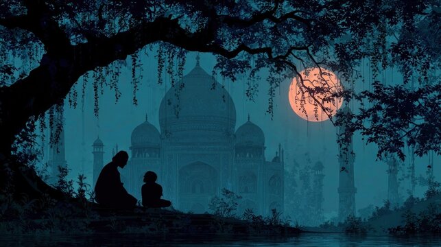 Guru Purnima illustration showing silhouette of a guru with a disciple in traditional spiritual setting