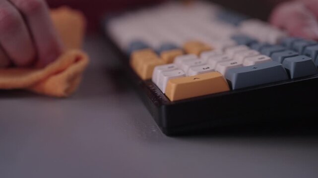 Man cleaning mechanical keyboard by spraying sanitizer and wiping keys with microfiber cloth, concept of workplace hygiene and device maintenance at office, close-up. Shooting in slow motion.