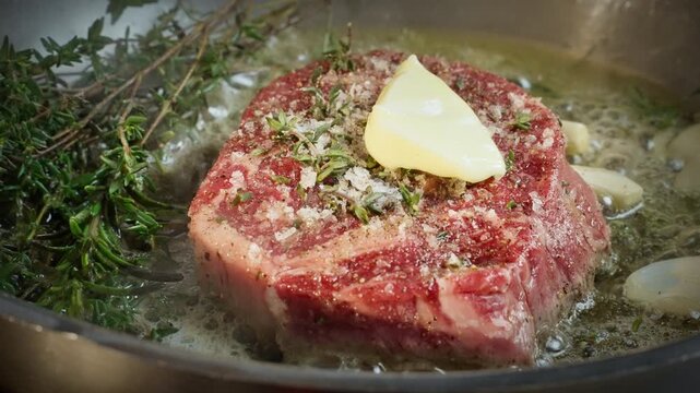 Juicy Steak Glazed With Aromatic Butter And Fresh Herbs, Closeup Of Cooked Steak Topped With Infused Butter And Seasoned With Thyme And Garlic