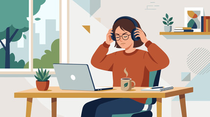 Fototapeta premium Woman working from home with headphones and laptop