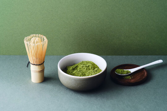 Ceremonial matcha tea with chasen and minimalist setting