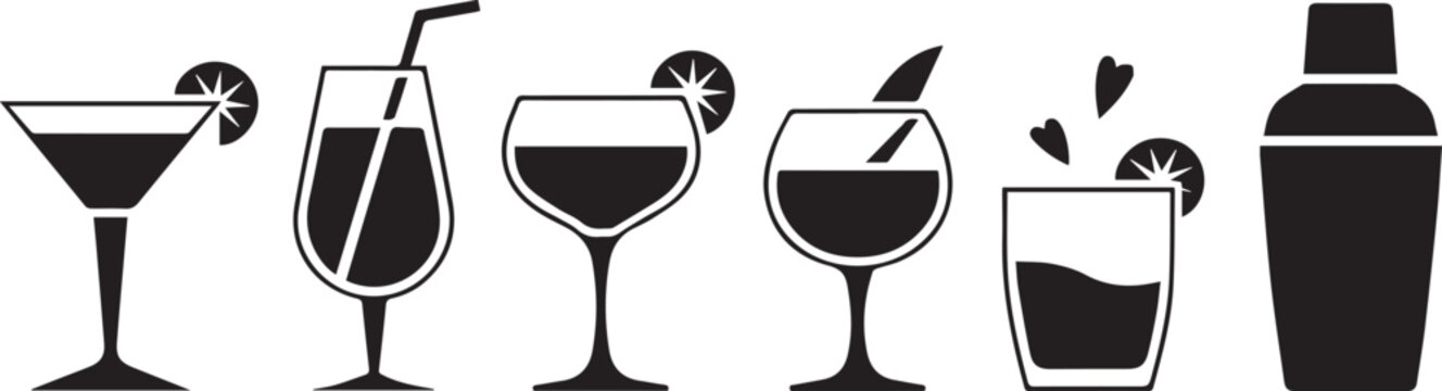 Set of cocktail glasses and shaker icons on white background