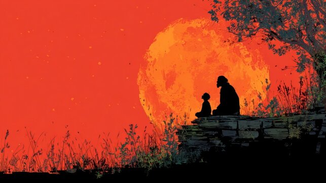 Guru Purnima illustration showing silhouette of a guru with a disciple in traditional spiritual setting