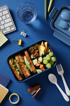 Modern blue bento box with a balanced healthy meal