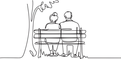 Old retired man and woman vector, old woman and man logo, sketch drawing of old couple sitting on park bench in relaxing pose behind view. one line Icon drawing