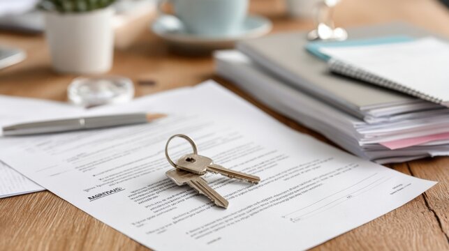 Keys on contract resting atop stack of documents with pen nearby, ready for handover scene captures real estate closing moment with folders and receipts on office desk, suitable for realtor, buyer