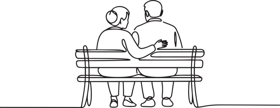 Old retired man and woman vector, old woman and man logo, sketch drawing of old couple sitting on park bench in relaxing pose behind view. one line Icon drawing
