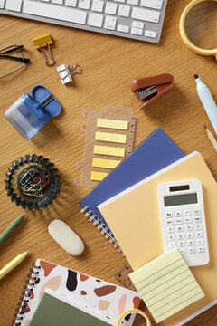 Modern home office desk flat lay with stationery supplies