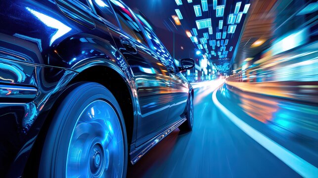 Luxury Black Car Driving Fast Through Neon City at Night