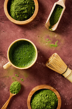 Ceremonial matcha powder and tea with zen wabi-sabi mood