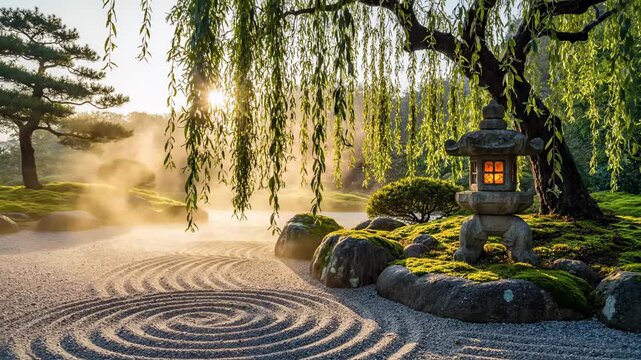 Serene Japanese rock garden featuring a stone lantern emitting warm light amidst a misty morning landscape with raked sand patterns and weeping willow branches gracefully hanging