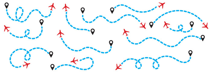 The flight path of the aircraft from the point of location along the dotted line. Flight route from a waypoint with an airplane silhouette. Vector elements  © KHOMA
