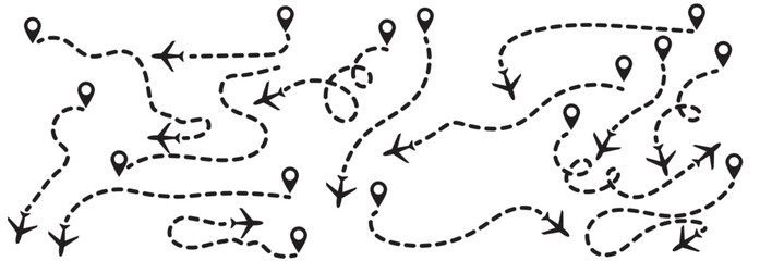 The flight path of the aircraft from the point of location along the dotted line. Flight route from a waypoint with an airplane silhouette. Vector elements  © KHOMA