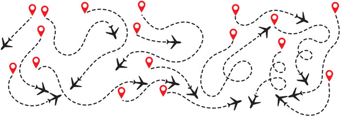 Airplane flight routes travel pattern background. Seamless aviation themed background with airplane icons and dotted flight paths, representing air travel, global transportation. Vector illustration. © KHOMA