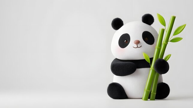 Cute 3D Panda Holding Bamboo Branch With Copy Space Background