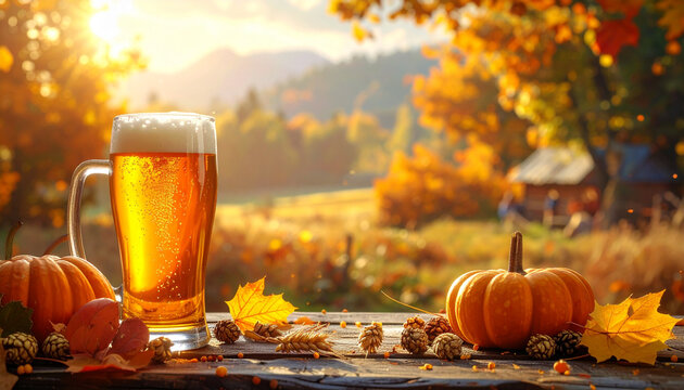 Autumn Beer with Pumpkins in Countryside