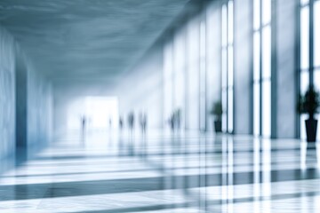 Fototapeta premium Vast, bright, modern interior hall with people, large windows, and plants