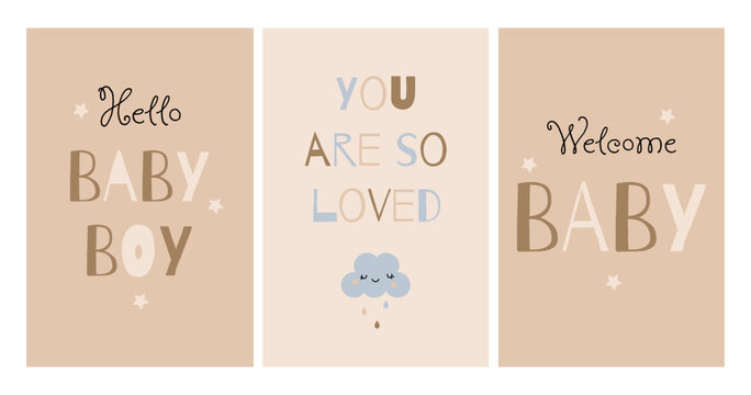 A set of three minimalist birthday cards for a boy in shades of beige