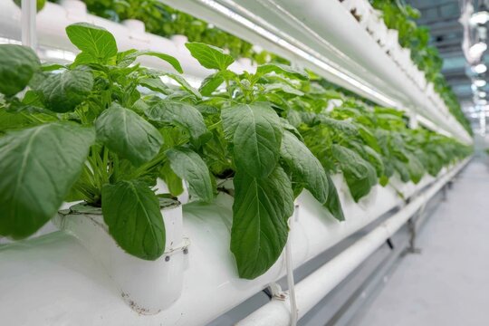 Leafy vegetables growing in modern vertical farm. Healthy produce grown on multiple levels. Hydroponics green lettuce plots. High technology farming. Fertigation system. Veggie planted in small space