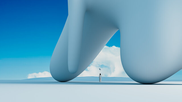 Minimal surreal figure stands under large abstract white structure