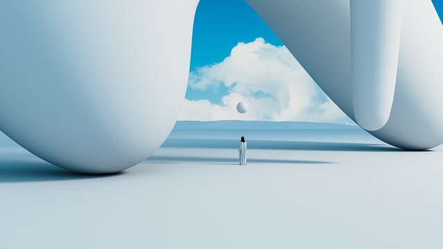 Minimal surreal figure stands under large abstract white structure