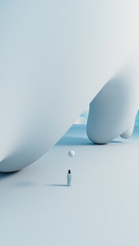 Minimal surreal figure stands under large abstract white structure