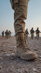 Fototapeta premium US Military Soldiers on Patrol in Desert Terrain, Tactical Training Exercise, Security and Defense Operations, Ready for Deployment.