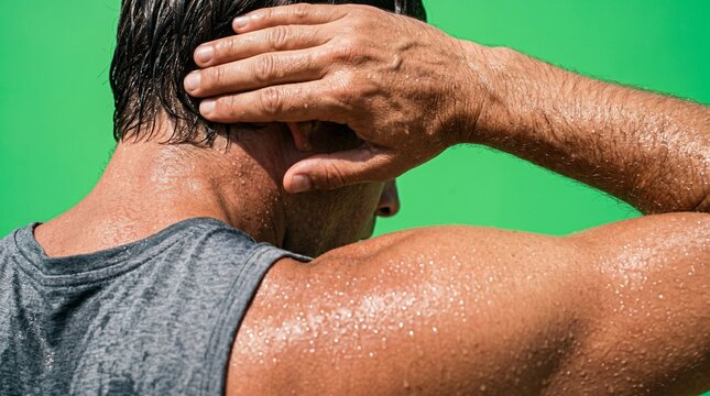 Man wiping sweat from forehead during intense activity against green background