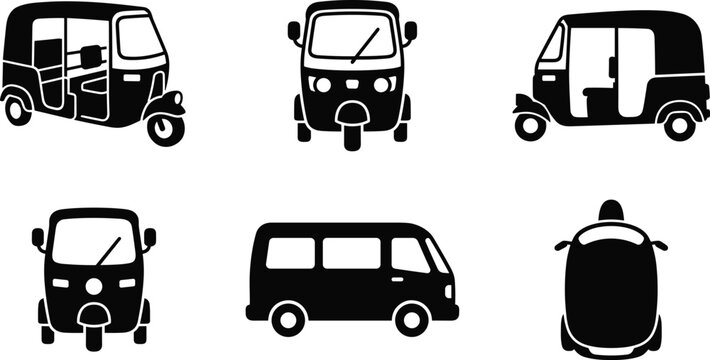 Three Wheeler and Urban Transport Vehicle Icon Set Featuring Auto Rickshaws, Passenger Vans, and Compact City Transportation Designs
