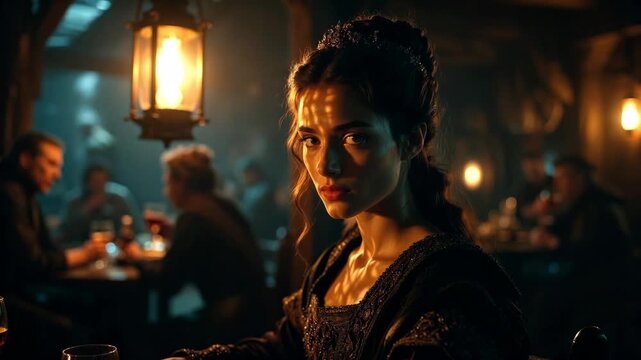 Woman in medieval attire in warm tavern interior, dramatic lighting on dark background, concept of mystery