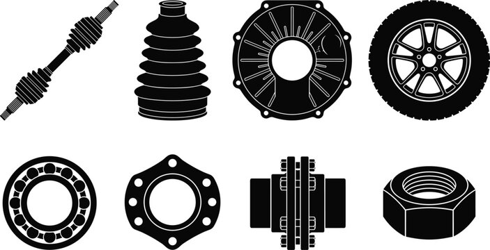 Automotive Mechanical Parts Icon Set Featuring Drive Shafts, Bearings, Wheels, Couplings, Rubber Boots, and Industrial Fasteners
