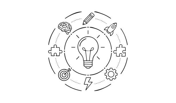 Creative thinking and innovation icon set with central lightbulb and radial idea symbols thin line vector
