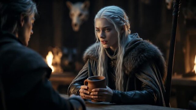 A scene showing two fantasy figures conversing at a wooden table in a cinematic style on a dim hall background, conveying a medieval mystery concept