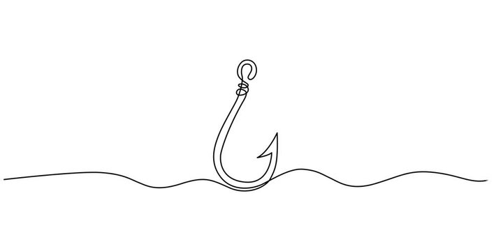 Self drawing line animation fishing hook continuous line drawn concept video, Continuous outline of a Fishing hook, minimalist pro vector illustration line, Full length one line animation, 4K video.