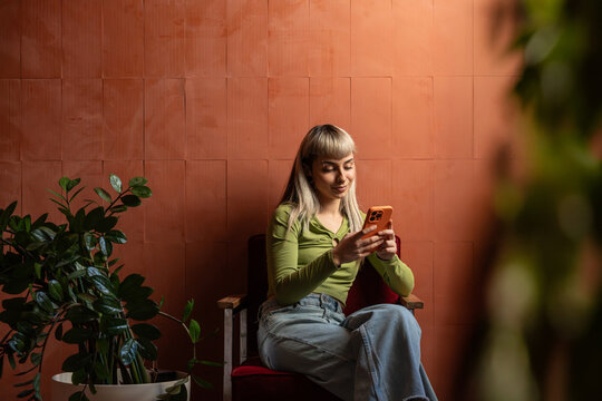 Young woman using smartphone in cozy room with plant