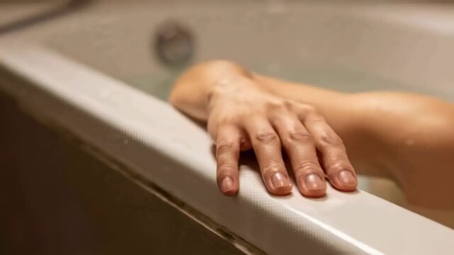 Resting forearm and hand on white tub rim in bathroom, bathwater shifting, faucet blurring, soaking