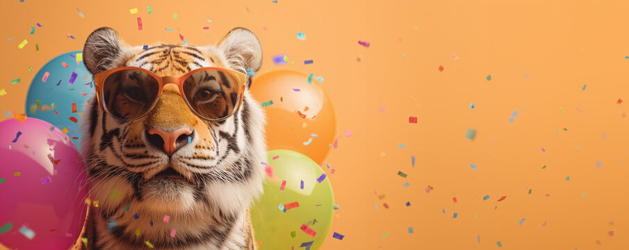 Funny safari tiger wearing colorful sunglasses holding happy birthday hat and balloons greeting card on pastel orange background with copy space.