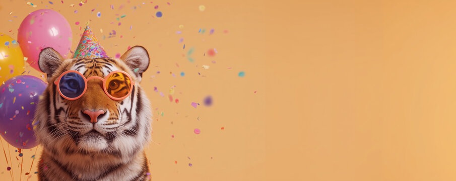 Funny safari tiger wearing colorful sunglasses holding happy birthday hat and balloons greeting card on pastel orange background with copy space.