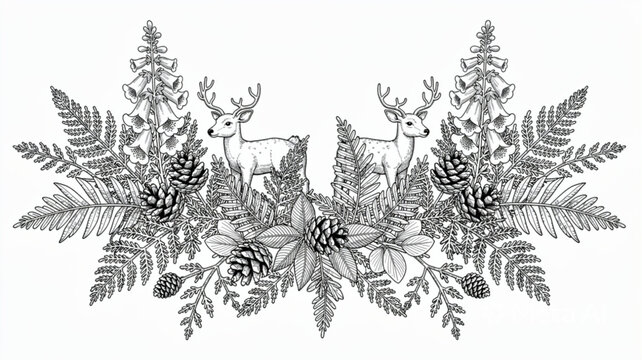 Hand Drawn Christmas Wreath with Deer and Pine Cones.