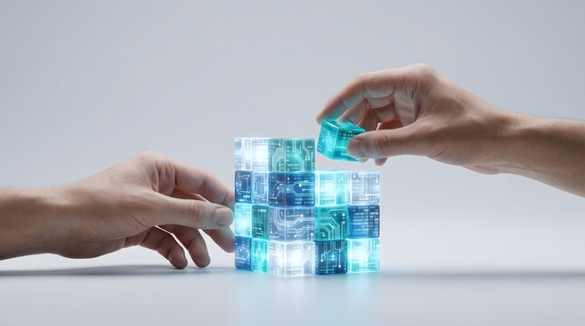 Human hands are building a structure out of glowing digital data cubes, representing the concepts of artificial intelligence, blockchain, and cloud computing, against a white background. AI generated.
