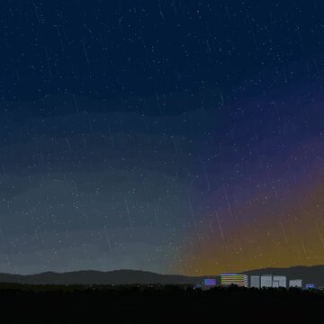 Pixel art animation of evolving city skyline at night. Distant mountains silhouette against starry sky with buildings illuminating in retro digital style sequence from dusk to glowing urban landscape.