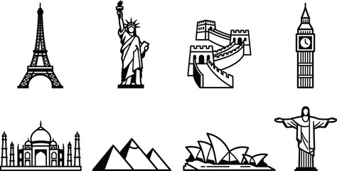 Obraz premium World Landmark Icon Set Featuring Eiffel Tower, Statue of Liberty, Great Wall, Big Ben, Taj Mahal, and Sydney Opera House