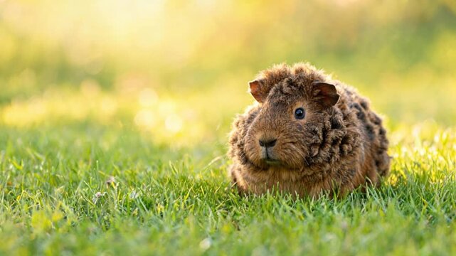 close up Abyssinian Guinea Pig searching for food at golden light blur background v