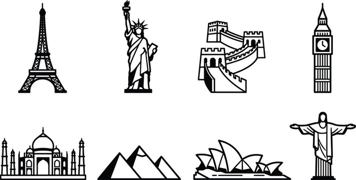 World Landmark Icon Set Featuring Eiffel Tower, Statue of Liberty, Great Wall, Big Ben, Taj Mahal, and Sydney Opera House